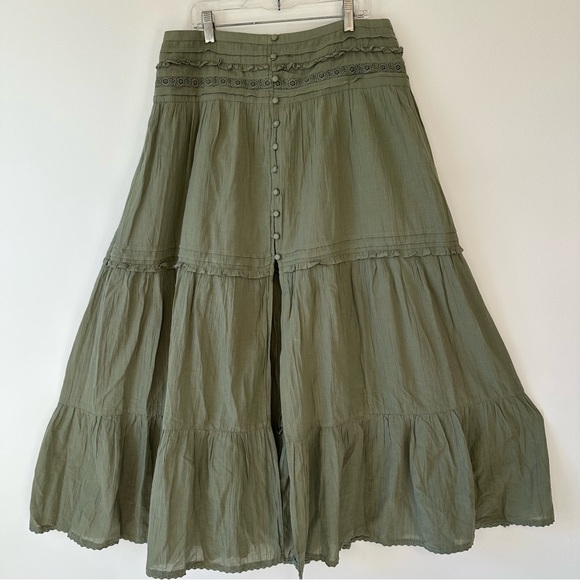 Aerie NWT Green Cotton Gauzy Tiered Skirt Smocked Waist Long Front Slit, size L - Picture 7 of 16